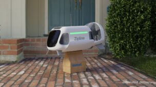 Ziplineのテザー式ドローン配送イメージ。住宅地向けに荷物を降ろす配送モデルを示す画像