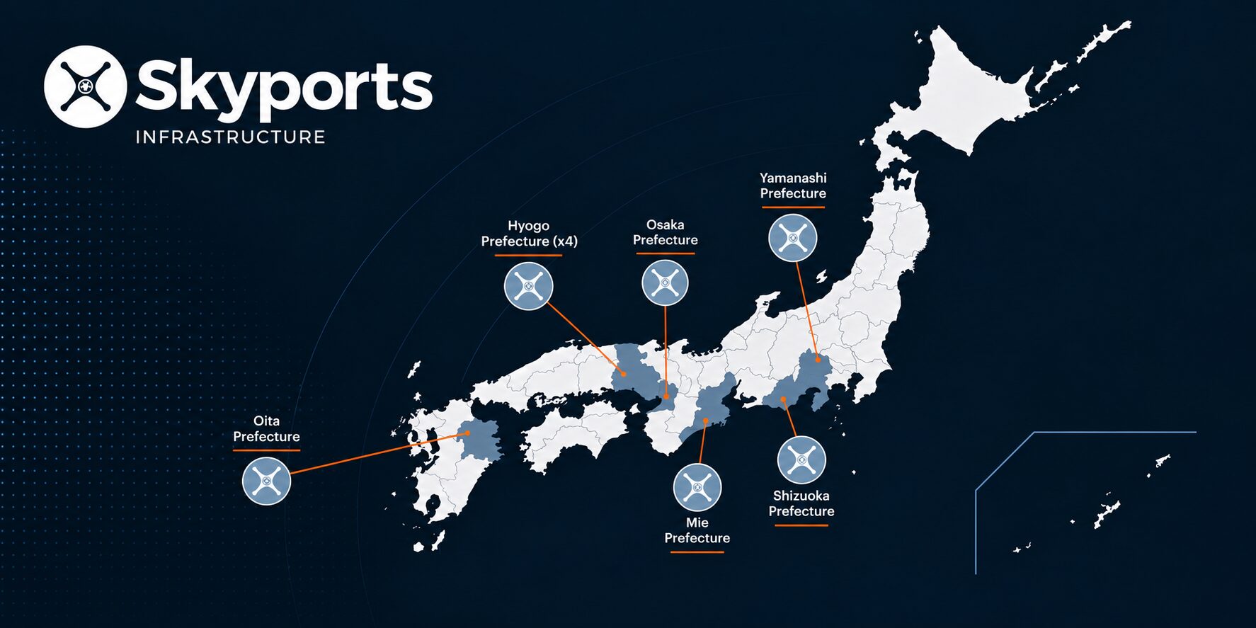 Skyports Infrastructureが日本で採択された9件の補助金事業の対象6府県を示す地図